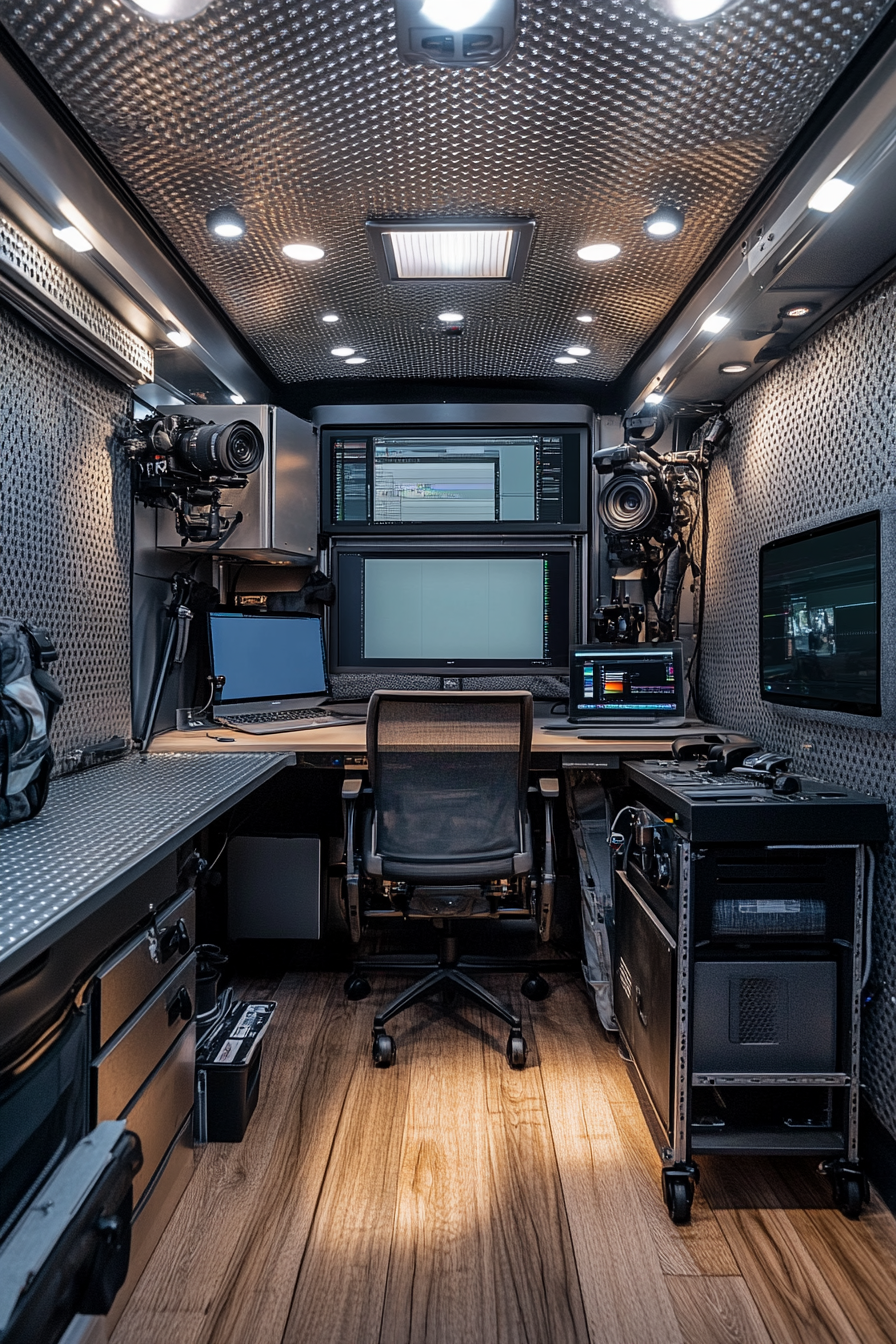 Creative mobile space. Metallic RV with built-in editing suite and tripod storage.