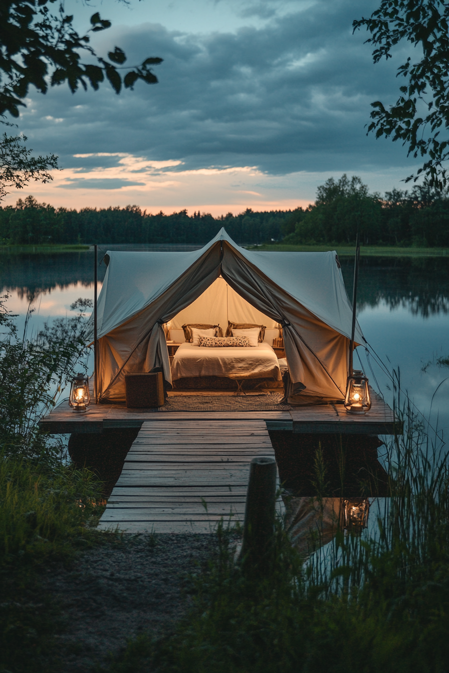 Riverside space. Tent platform overlooking calm waters under twilight sky.
