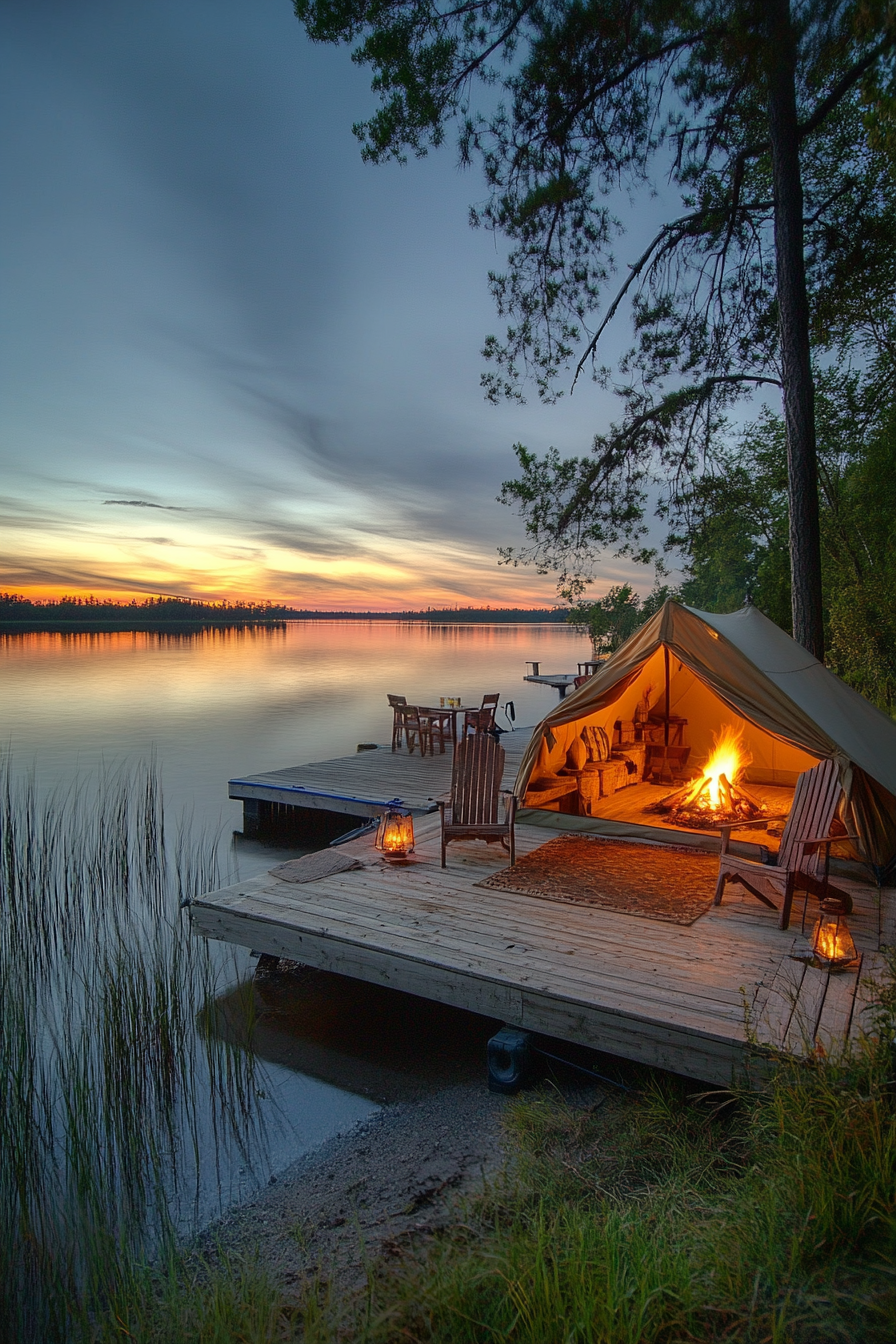 Tent site. Water views around, private dock, golden-hour fire setup.