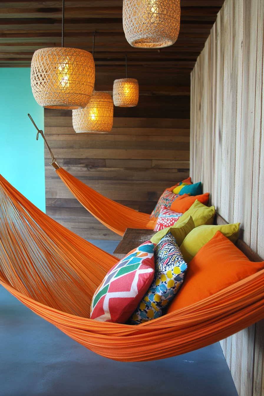 Community Living Space. Hammock lounge with vibrant geometric throw pillows.