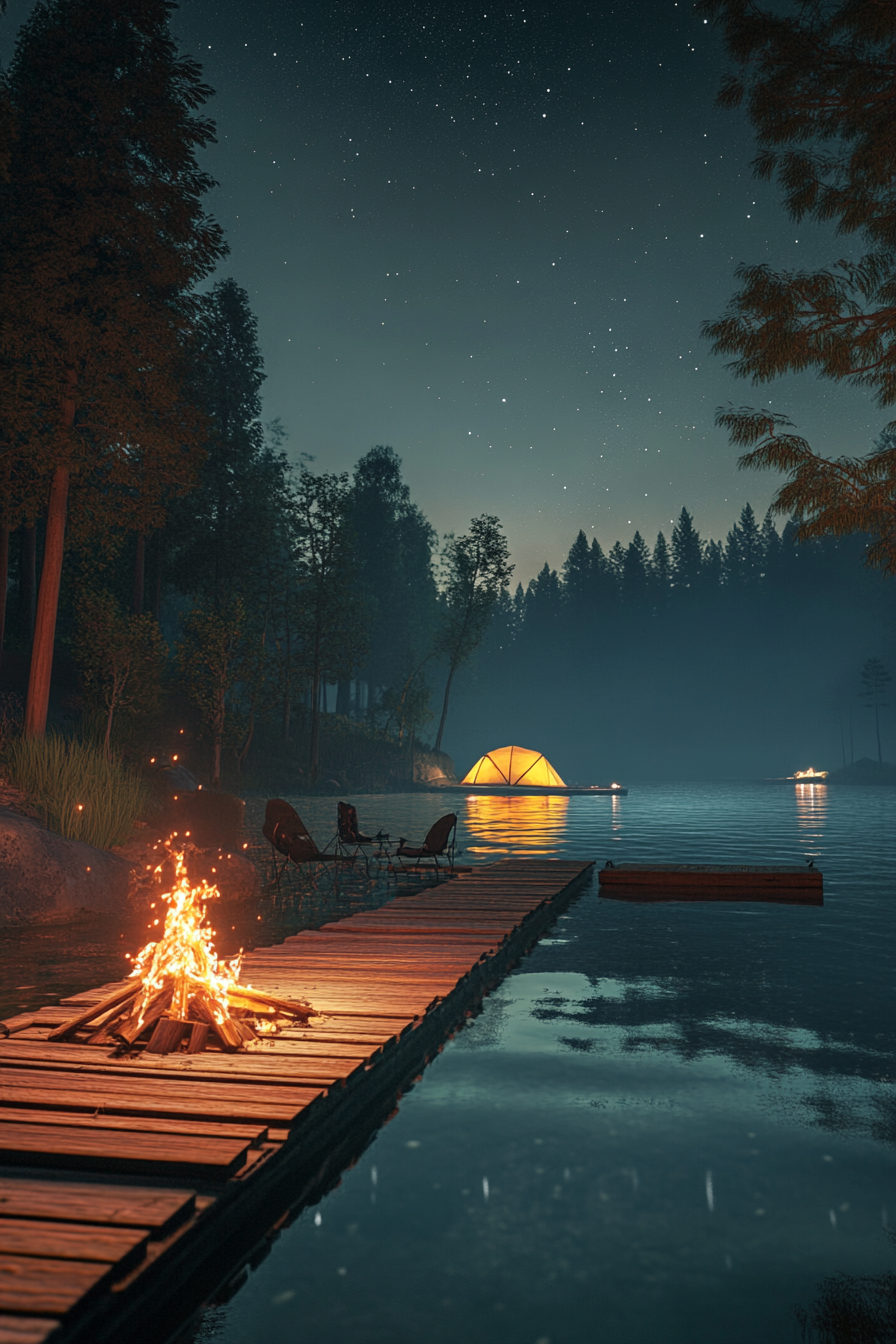 Tent site. Floating dock on starlit river edge, amber-hued bonfire.