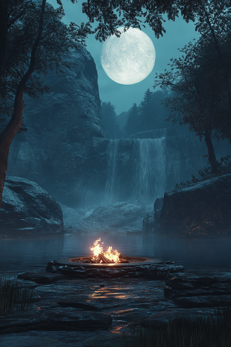 Nordic coast space. Foggy protected inlet, antique viking fire pit, moonlit waterfall.