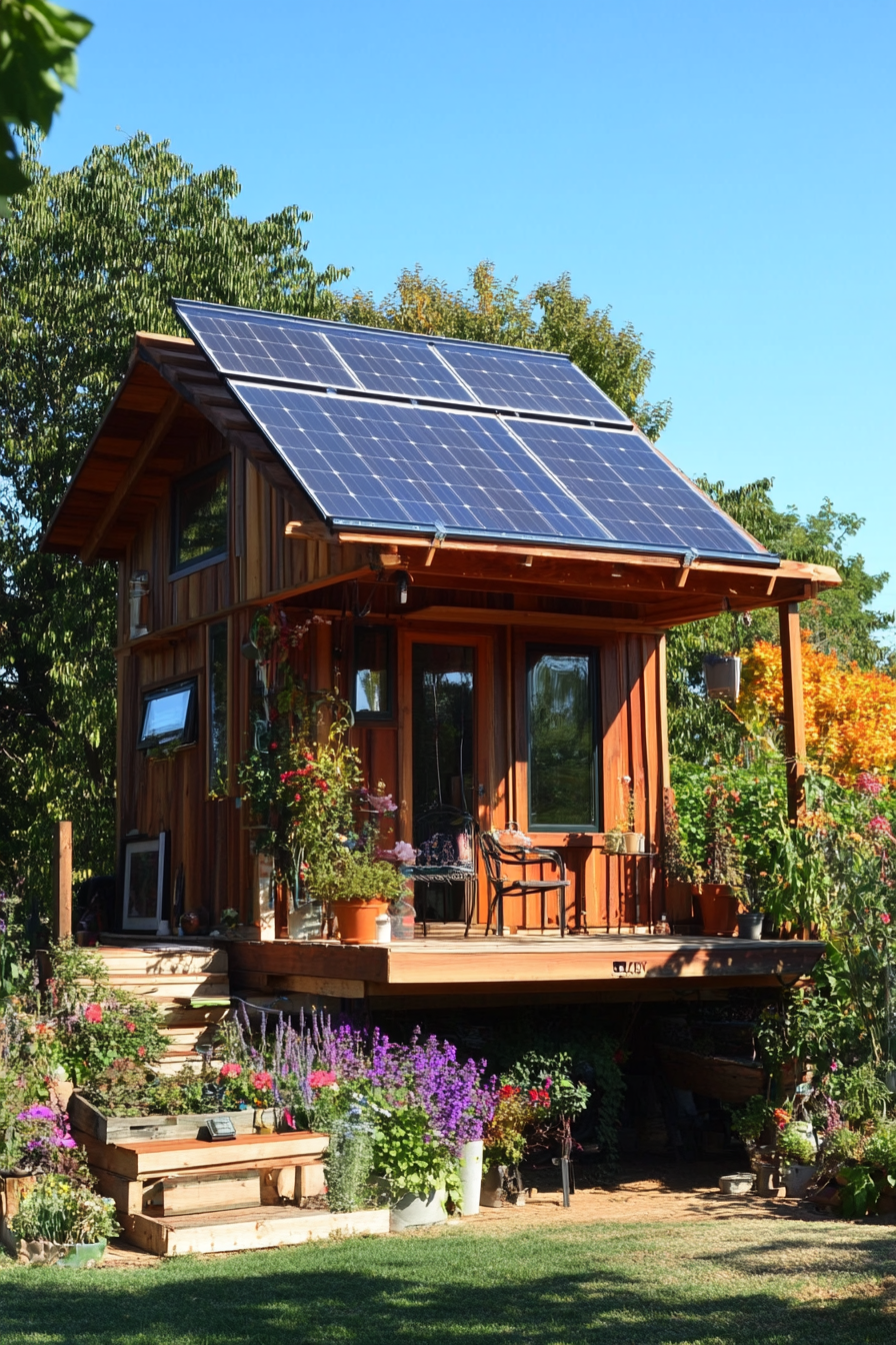 Sustainable living space. Tiny home with roof-top solar panel setup.