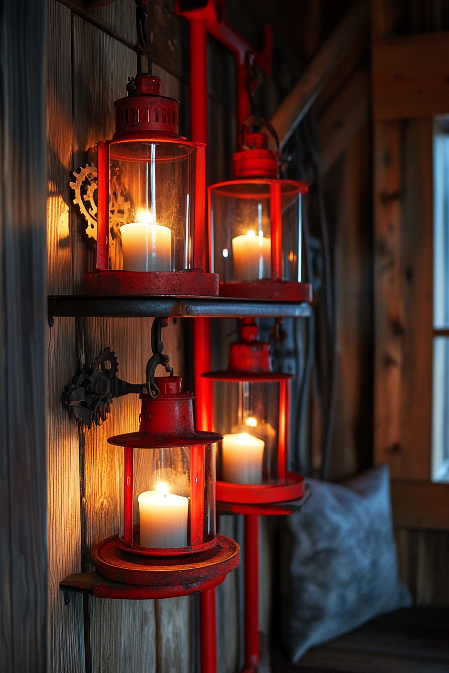 Alpine Lodge Space. Red metal gear rack with lit candle lanterns.