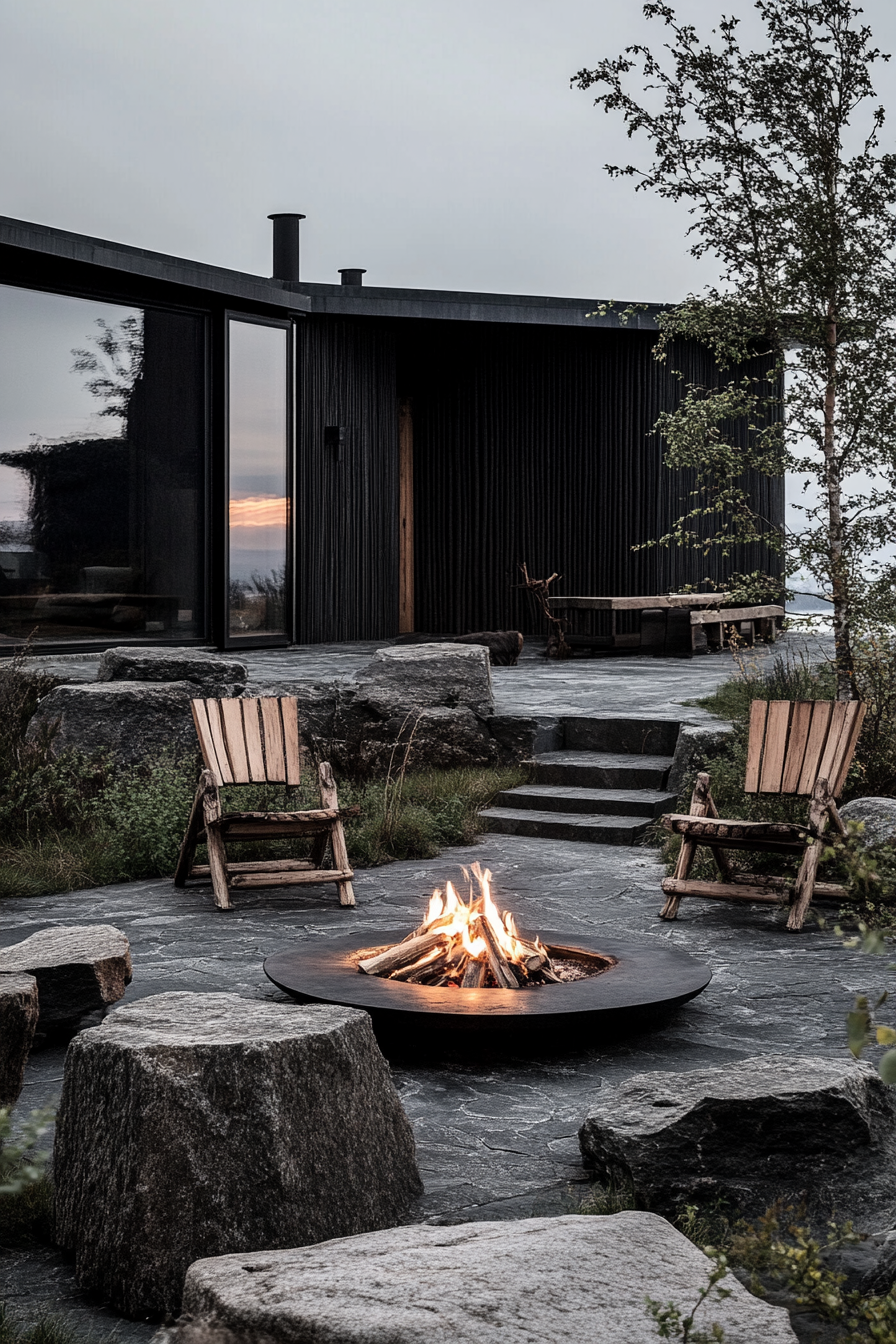 Nordic coast space. Stone enclave with rustic wooden chairs around fire pit.
