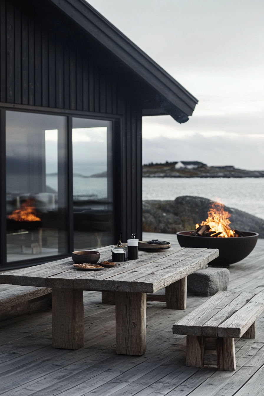 Nordic Coast Space. Inlet view, distressed timber dining table, viking fire pit.