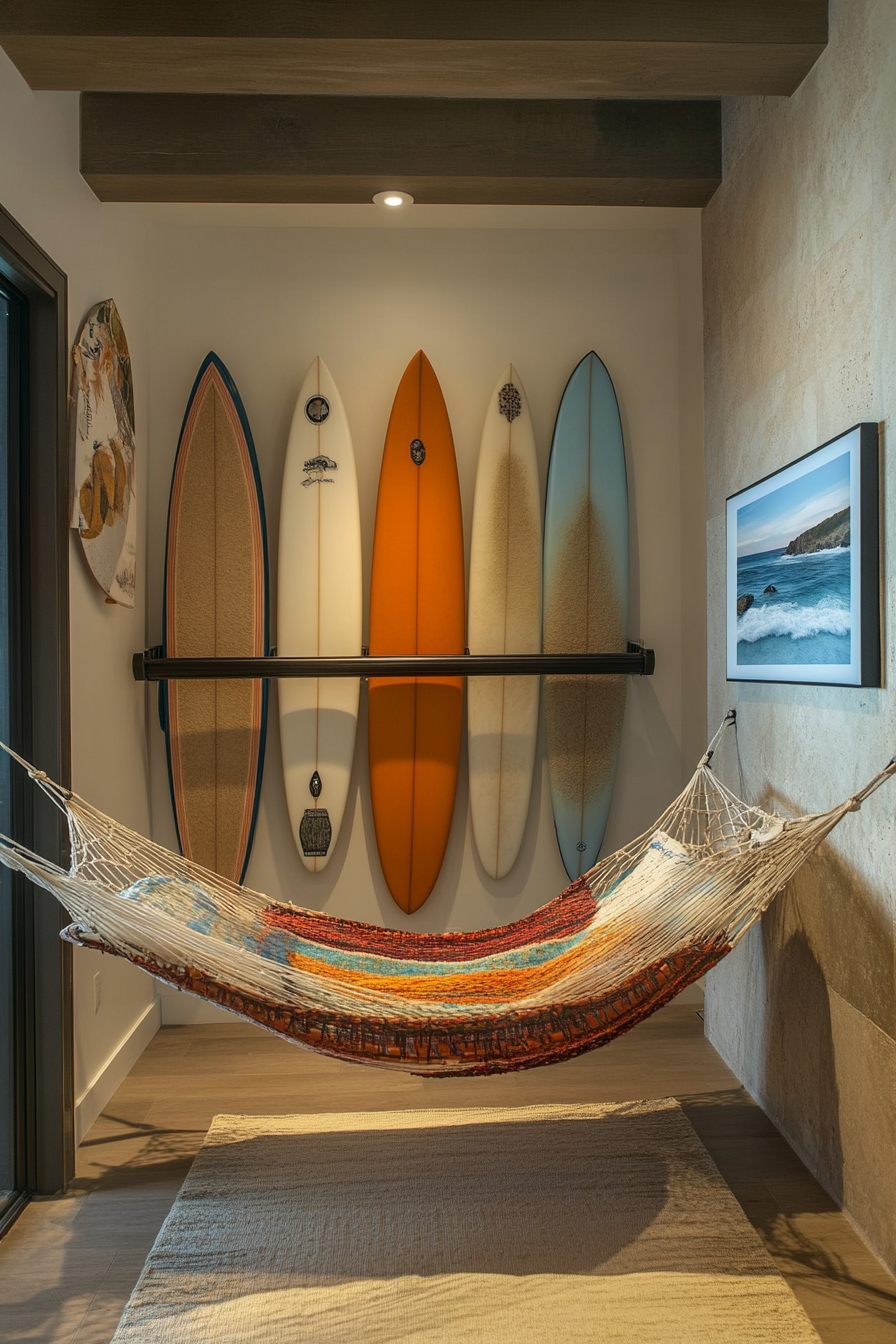 Community Living Space. Surfboard racks beside a huntington hanging hammock.