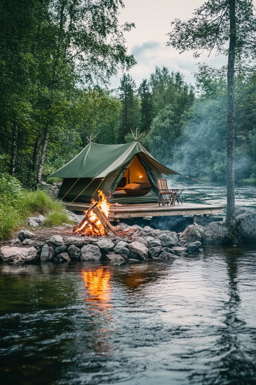 Riverside space. Water-view tent platform with green canvas, riverside stones bonfire, rushing rapids sound.