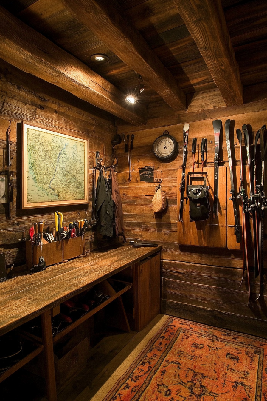 Alpine Lodge space. Rustic wooden workshop with ski gear racks and topographic maps display.
