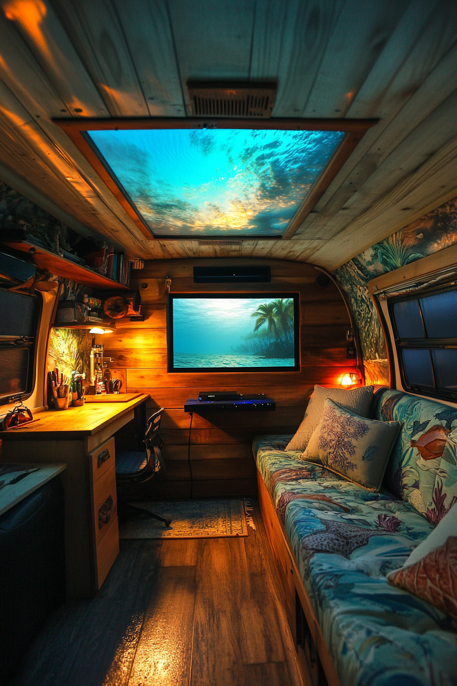Van setup. Oceanic theme with upholstery, contrasting teak desk, sunset screen projector.