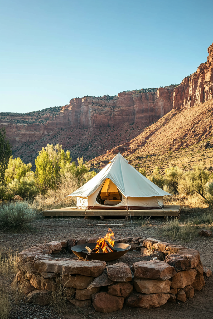 Red Rock campsite. Ivory canvas tent atop platform against bisque stone walls, fire pit in foreground.