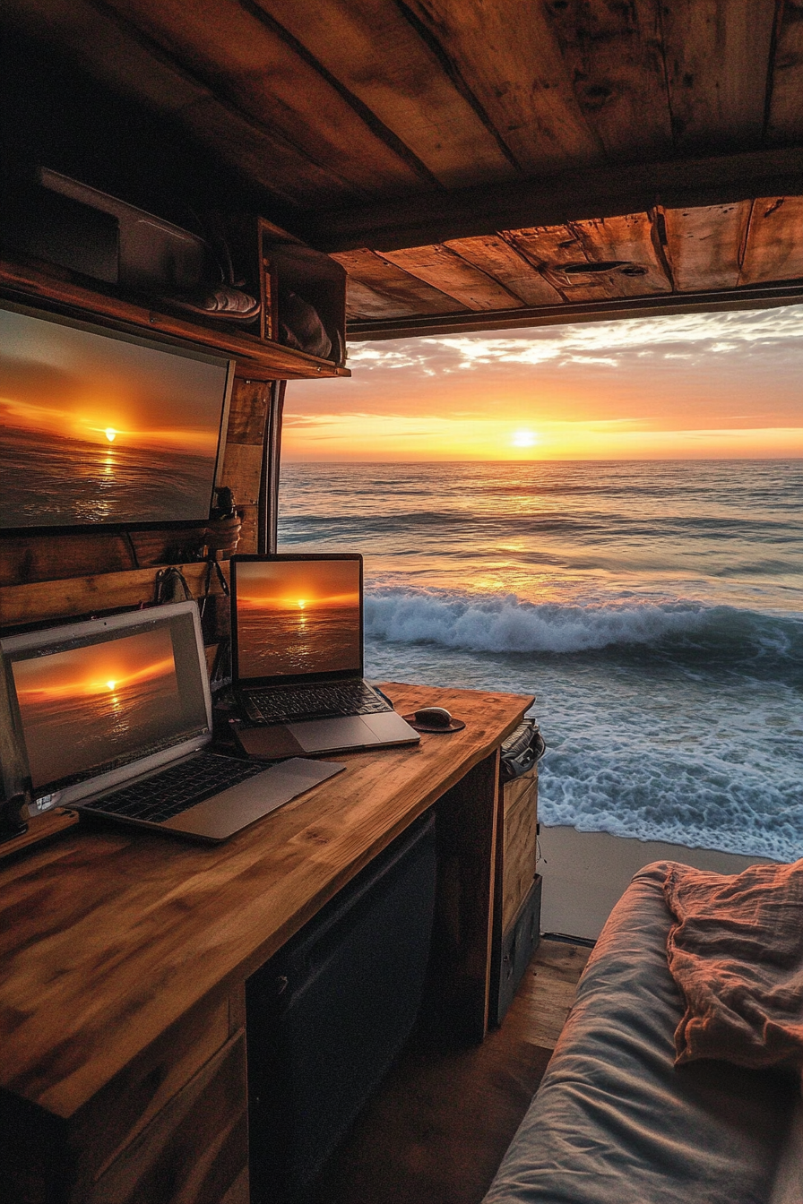 Oceanview van setup. Teak panoramic desk with sunset screens and salt-resistant storage.