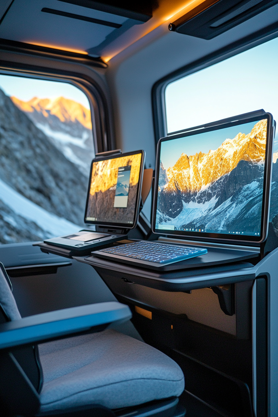 Mobile Office. Alpine-themed designer vehicle workspace with dual monitors powered by solar energy.