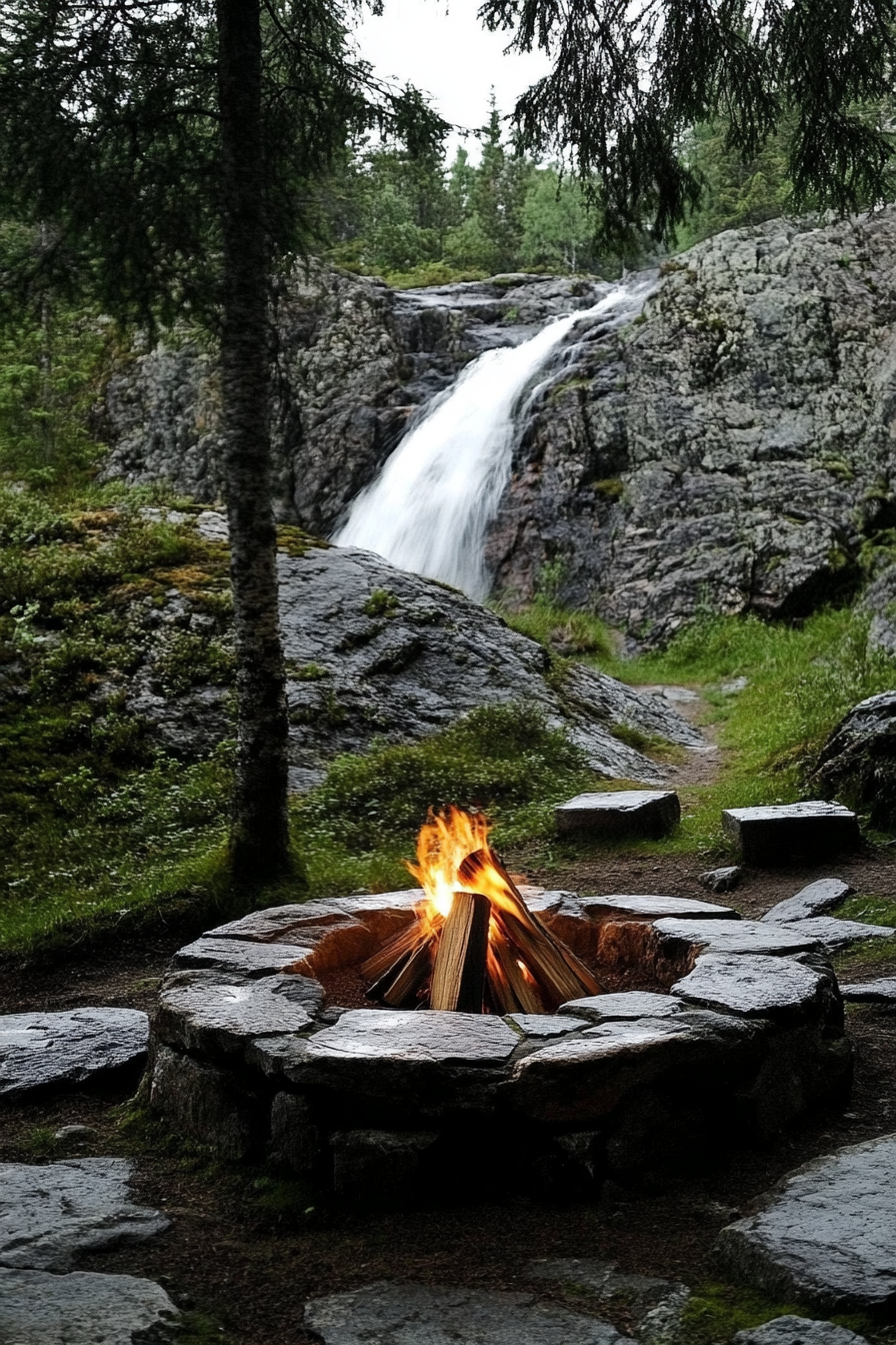 Nordic coast space. Rugged stone fire pit near a secluded waterfall vista.