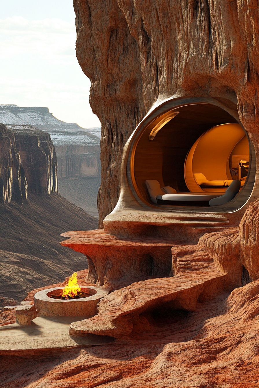 Campsite design. Integrated cave shelter among red rocks with elevated fire zone, overlooking valley.