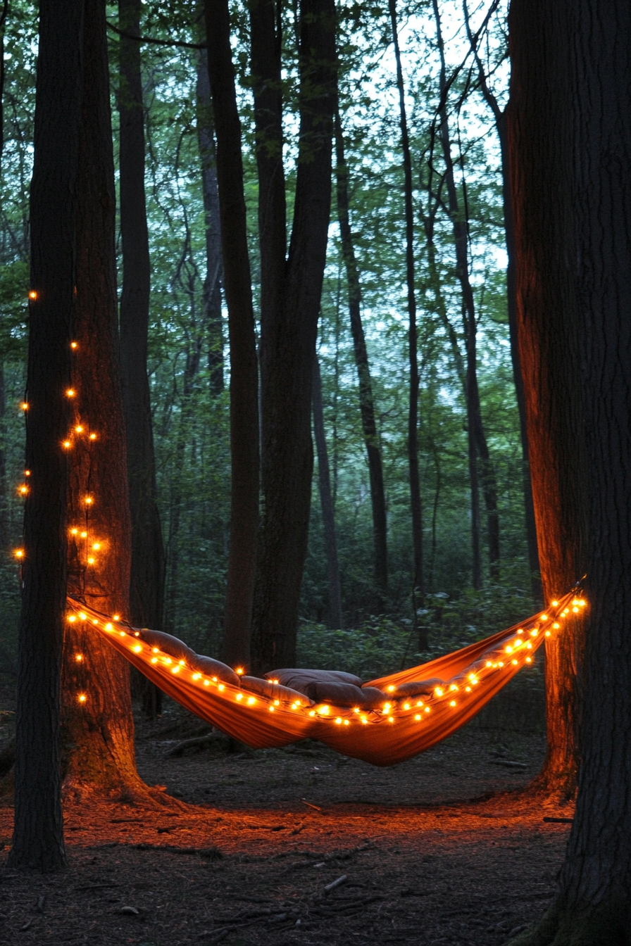 Woodland Camping Space. Leather hammock under a canopy of bright fairy-lights.