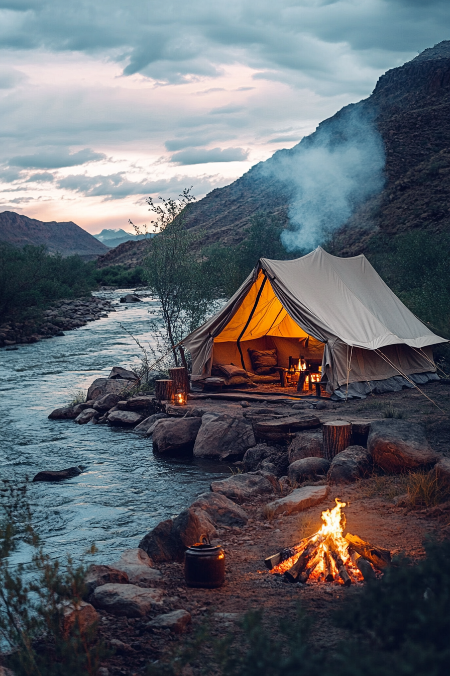 Riverside space. Canvas tent overlooking a winding river with surrounding rocks and bonfire.