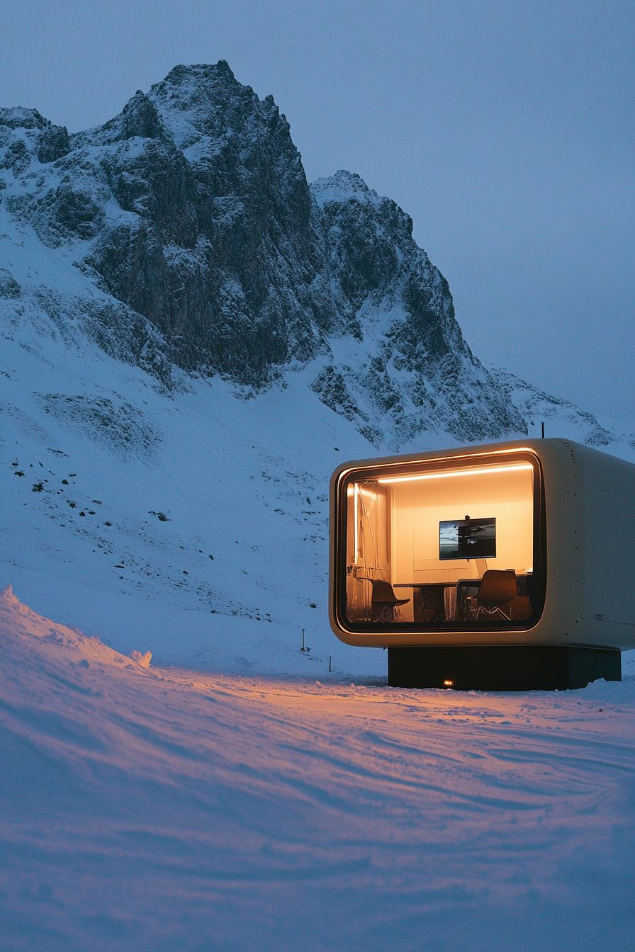 Alpine Mobile Office. Wall integrated digital display, sun-powered unit, location overlooking snow-clad peak.