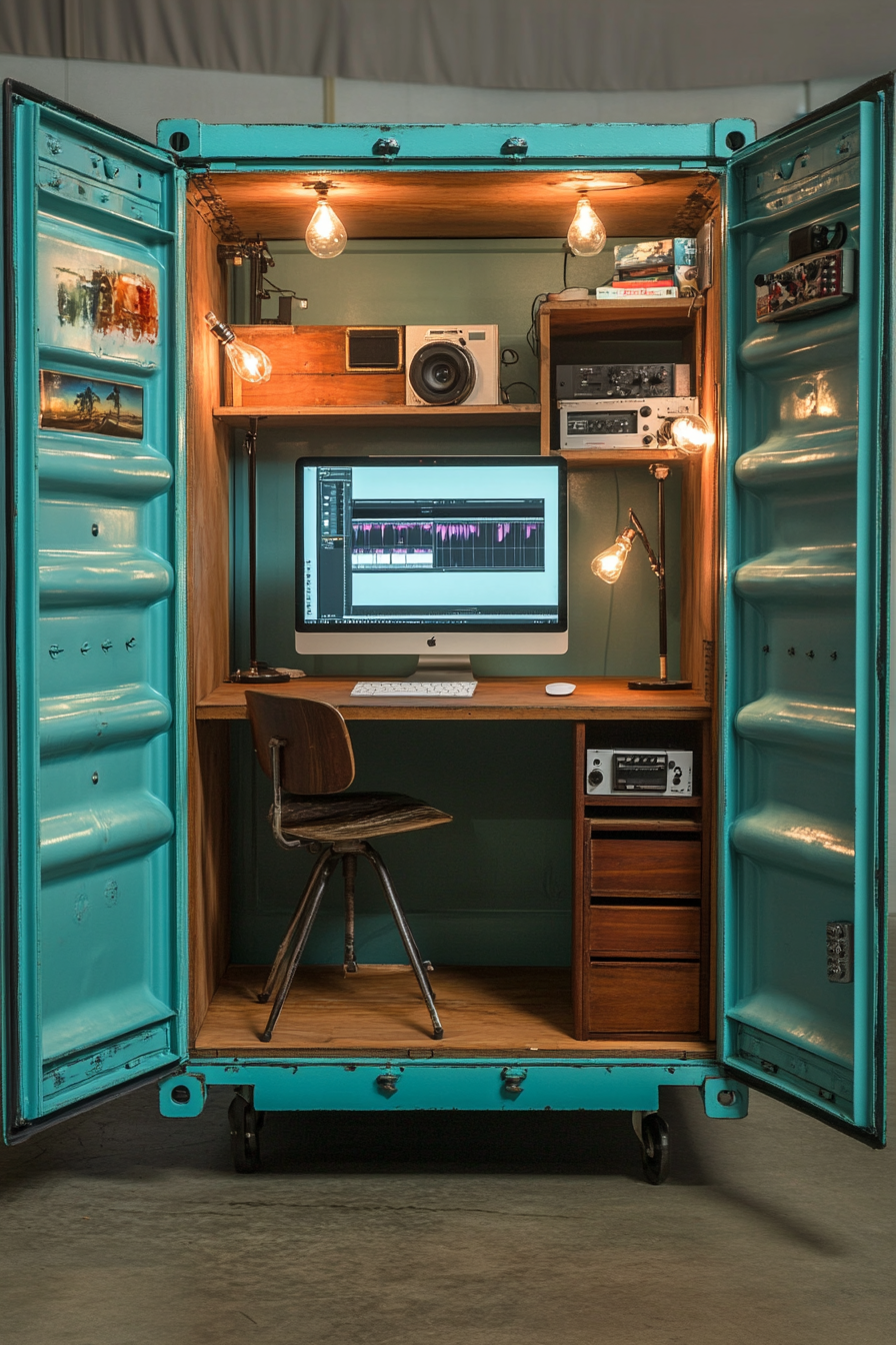 Mobile Space. Teal-finished Monobox container with vintage editing desk and tripod shelves.