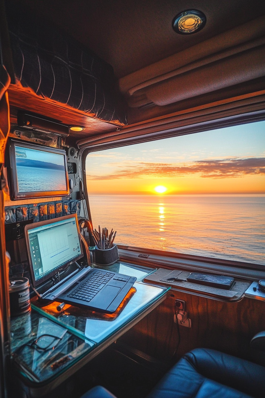 Van setup. Glass top desk in front of panoramic ocean-view window with sunset screens.