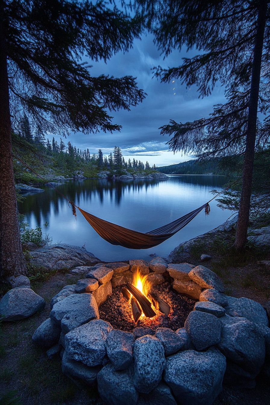 Alpine Lake Campsite. Canopied hammock beside stone-ringed fire pit under starry reflection.