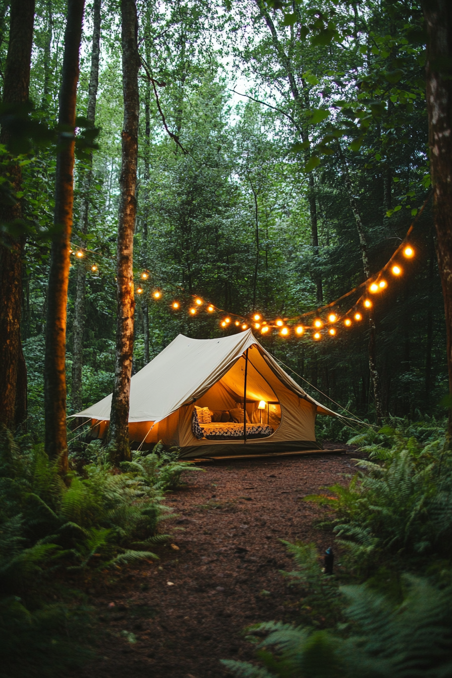 Woodland camping space. Canvas tent under a fairy-light canopy amidst fern gardens.