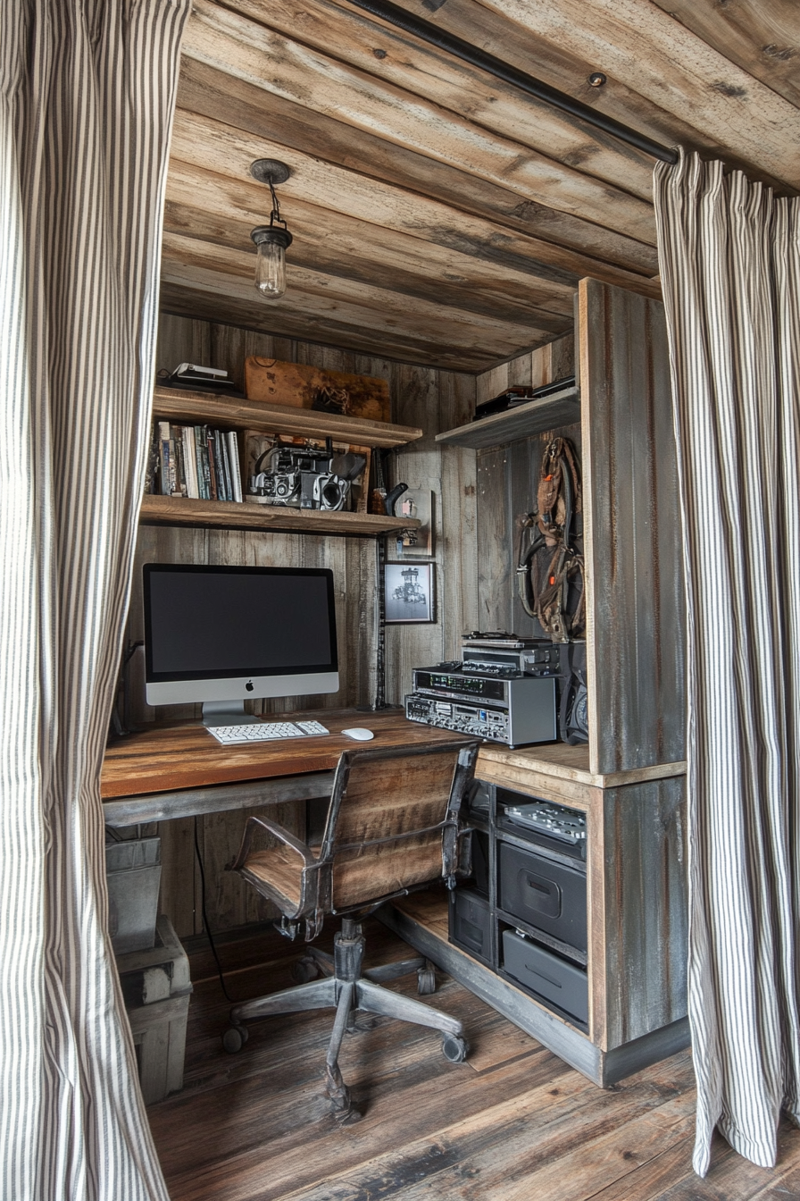 Creative mobile space. Pinstripe curtain secluding editing station amidst rustic cabinets for gear storage.