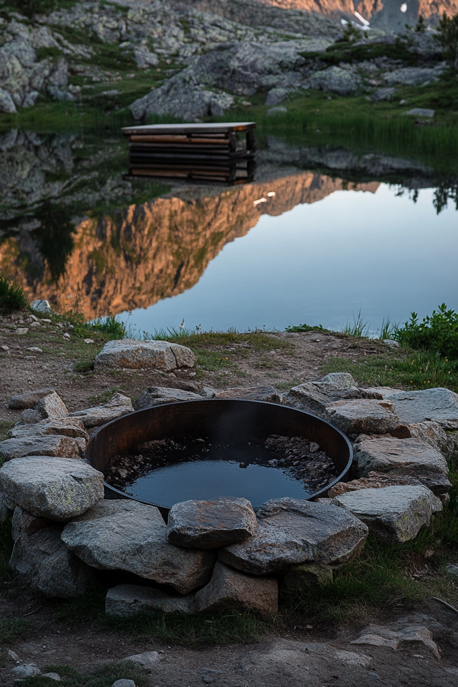 Alpine lake campsite. Stone fire pit, wooden telescope platform, lake in evening light reflection.