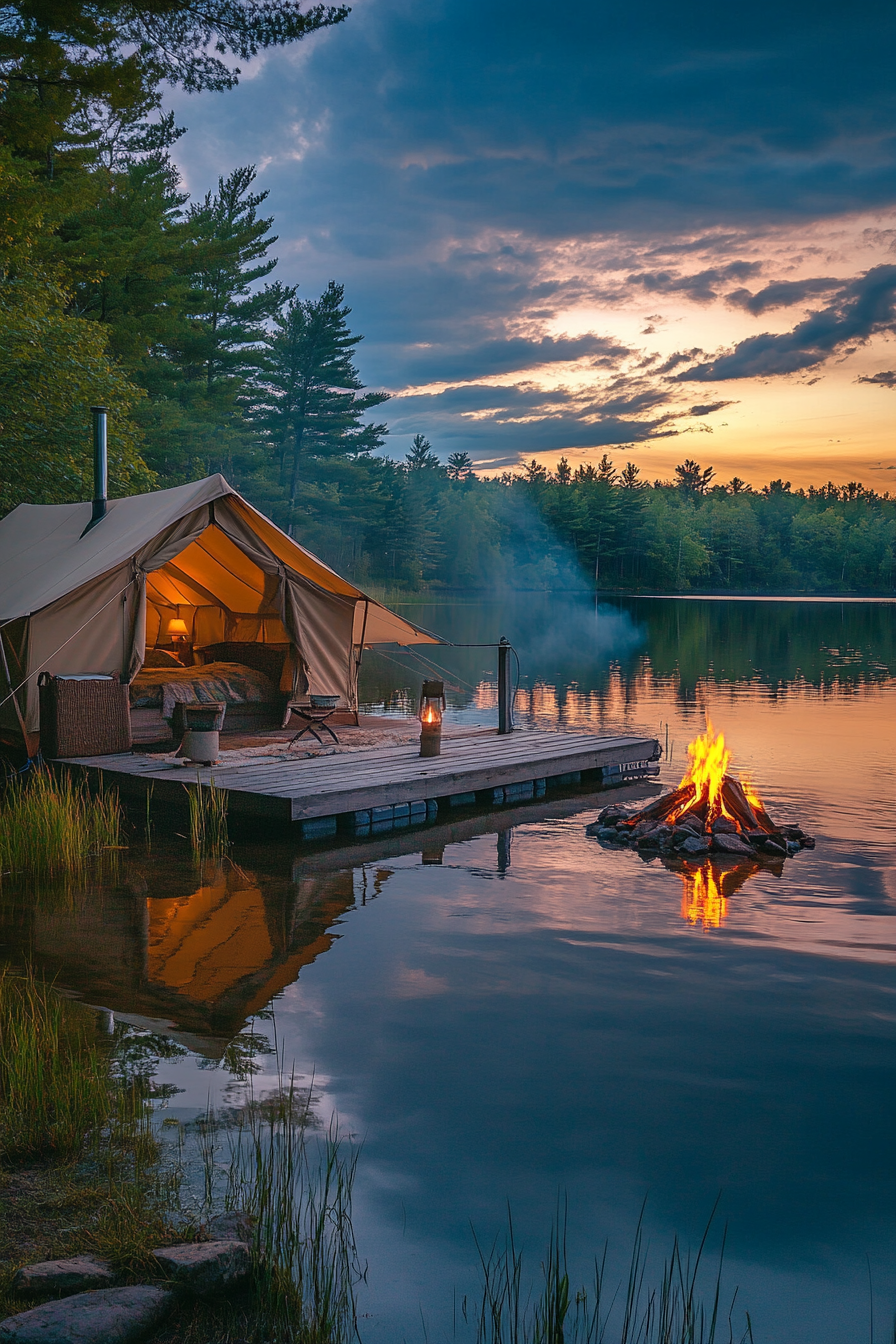 Tent site. Water surrounding canvas tent, dock, lit bonfire against dusk sky.