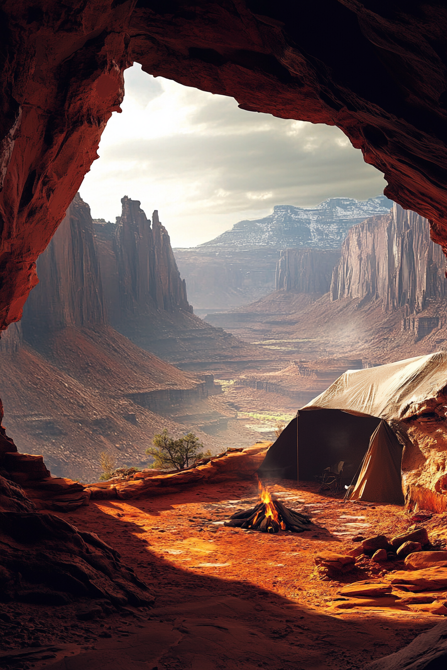 Campsite design. Red rocks, raised fire area, cave shelter, panoramic valley landscape.