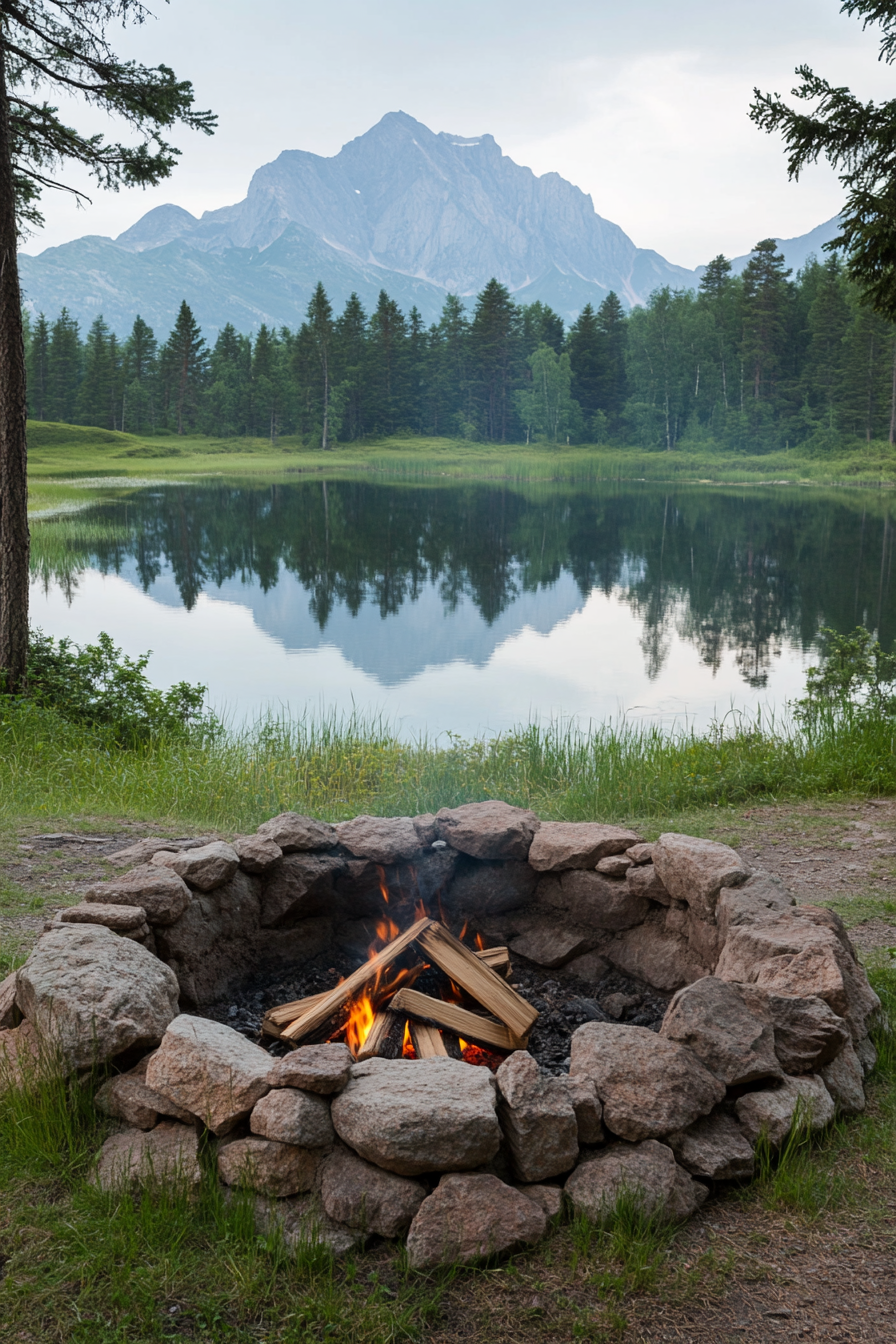 Alpine lake campsite. Stone-ringed fire pit, pine wood logs, distant mountain reflection.