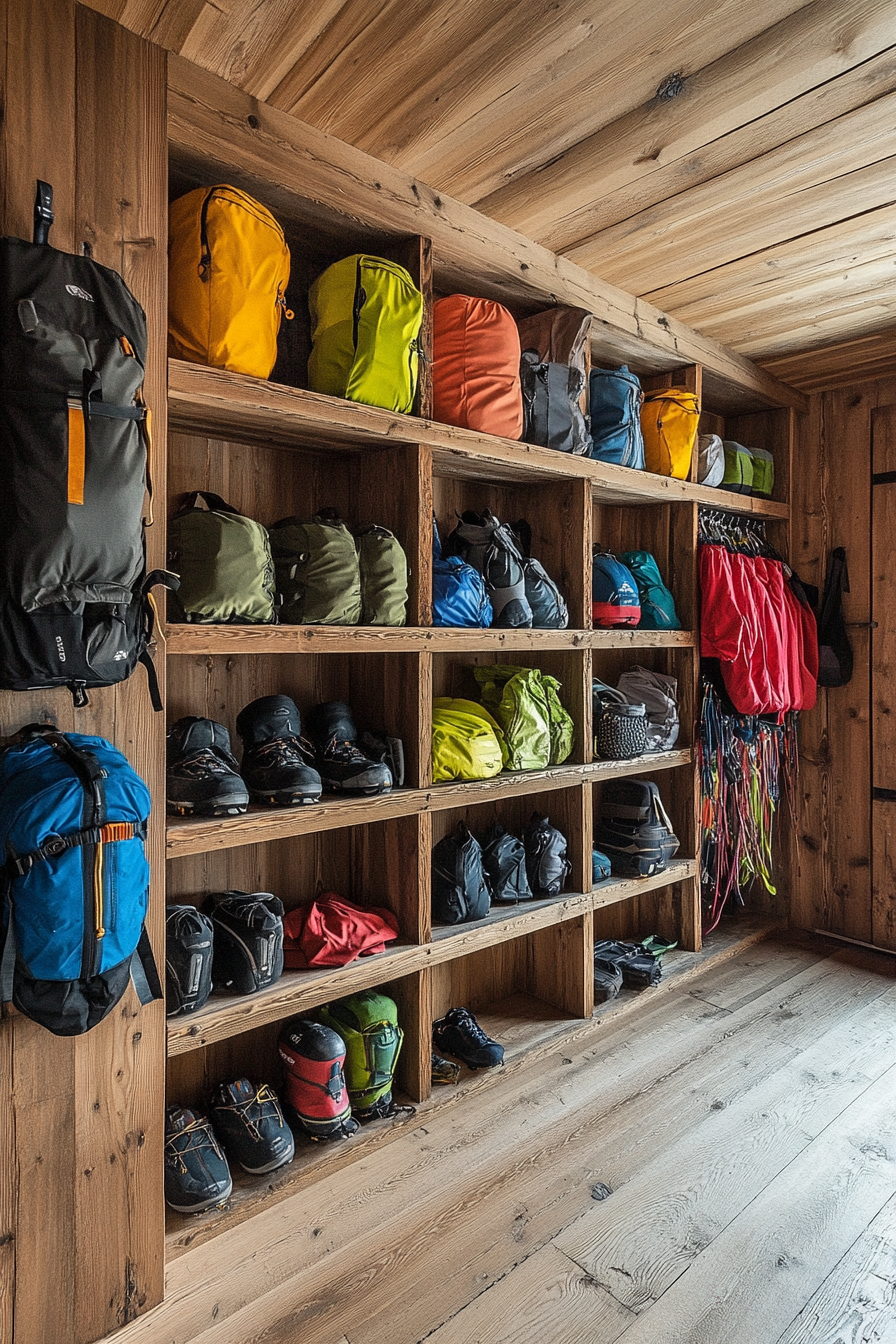 Alpine Lodge Space. Built-in wood shelving filled with assorted mountaineering gear.