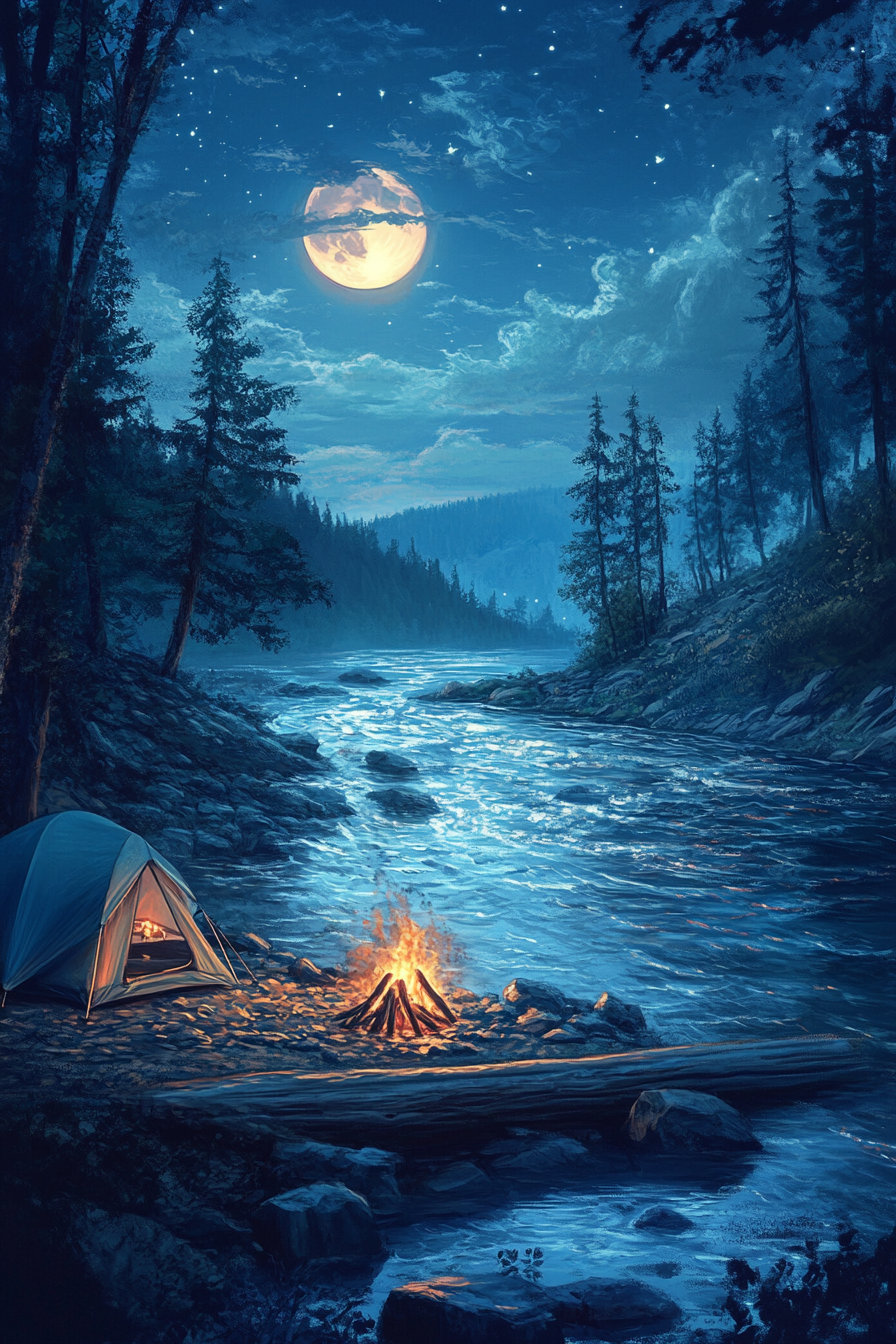 Riverside space. Rippling river, azure tent platform, glowing bonfire under moonlight