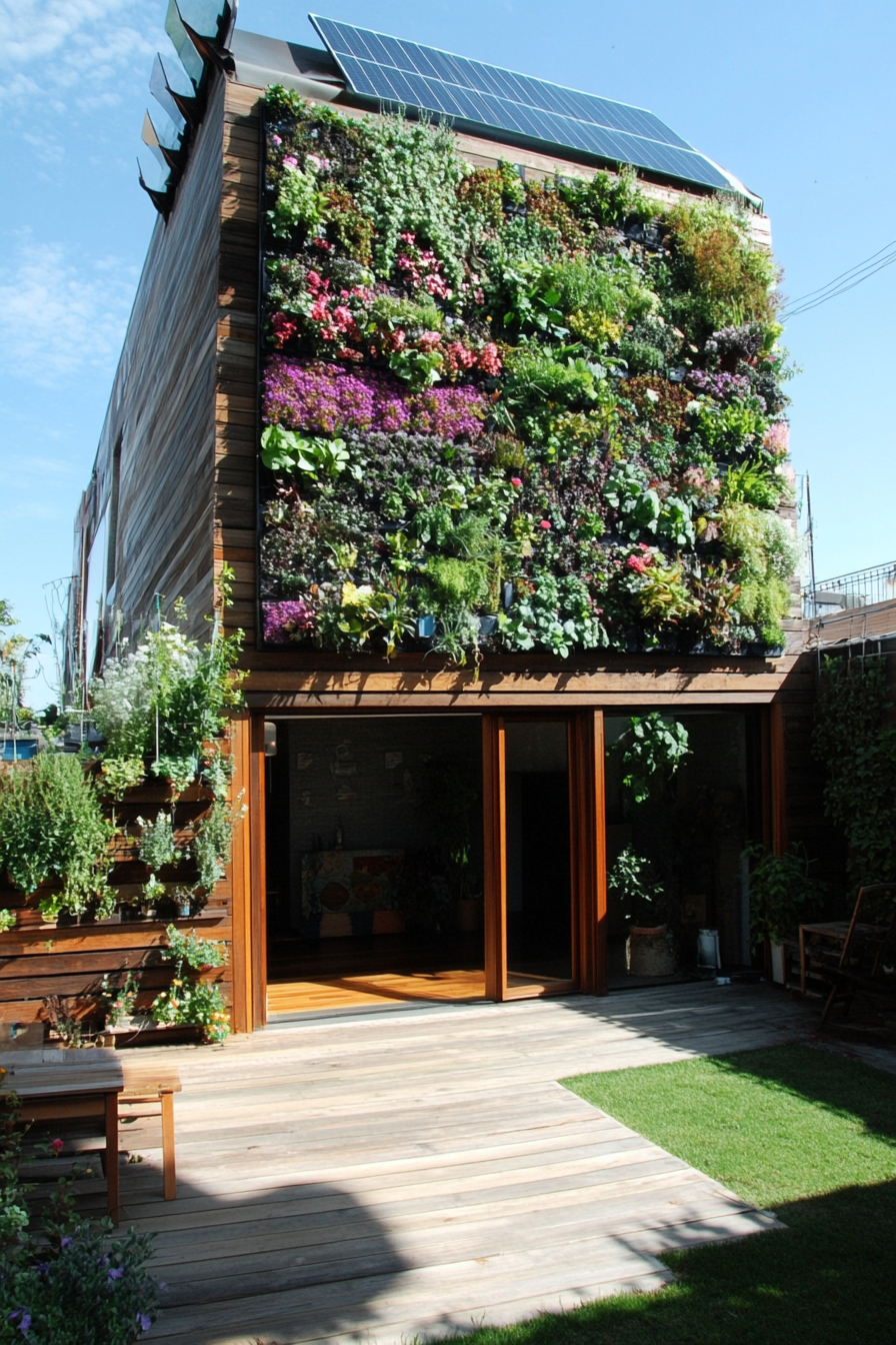 Sustainable living space. Rooftop solar panels, walls adorned with vertical garden, indoor composting bin.