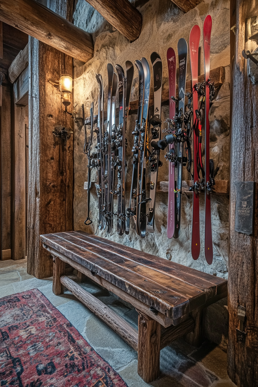 Alpine Lodge Space. Wood-seat bench with rusted metal ski gear storage rack.