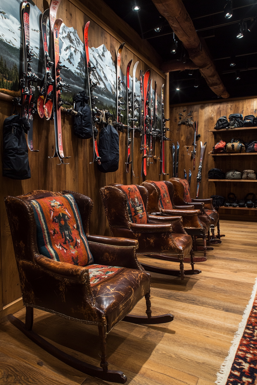 Alpine Lodge Space. Leather chairs embroidered with mountain pattern displaying wall-mounted skiing gear.