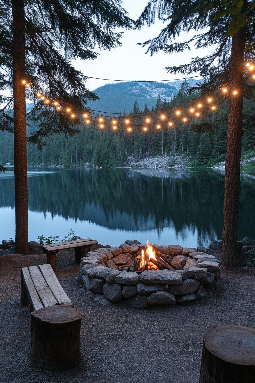 Alpine Lake campsite. Stone-ringed fire pit, hardwood bench, illuminated string lights reflect on water.