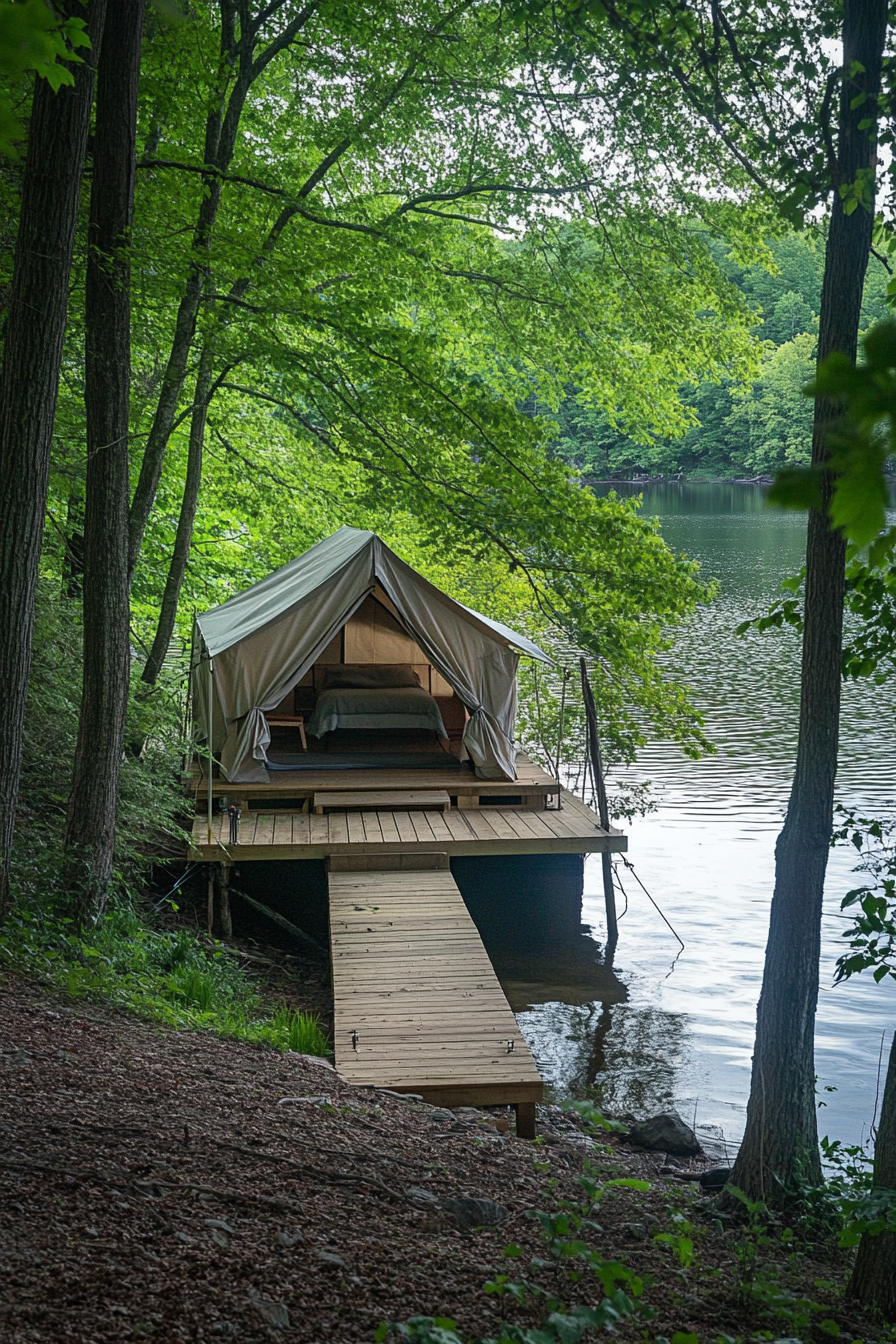 Riverside space. Water-view tent platform near overhanging trees.
