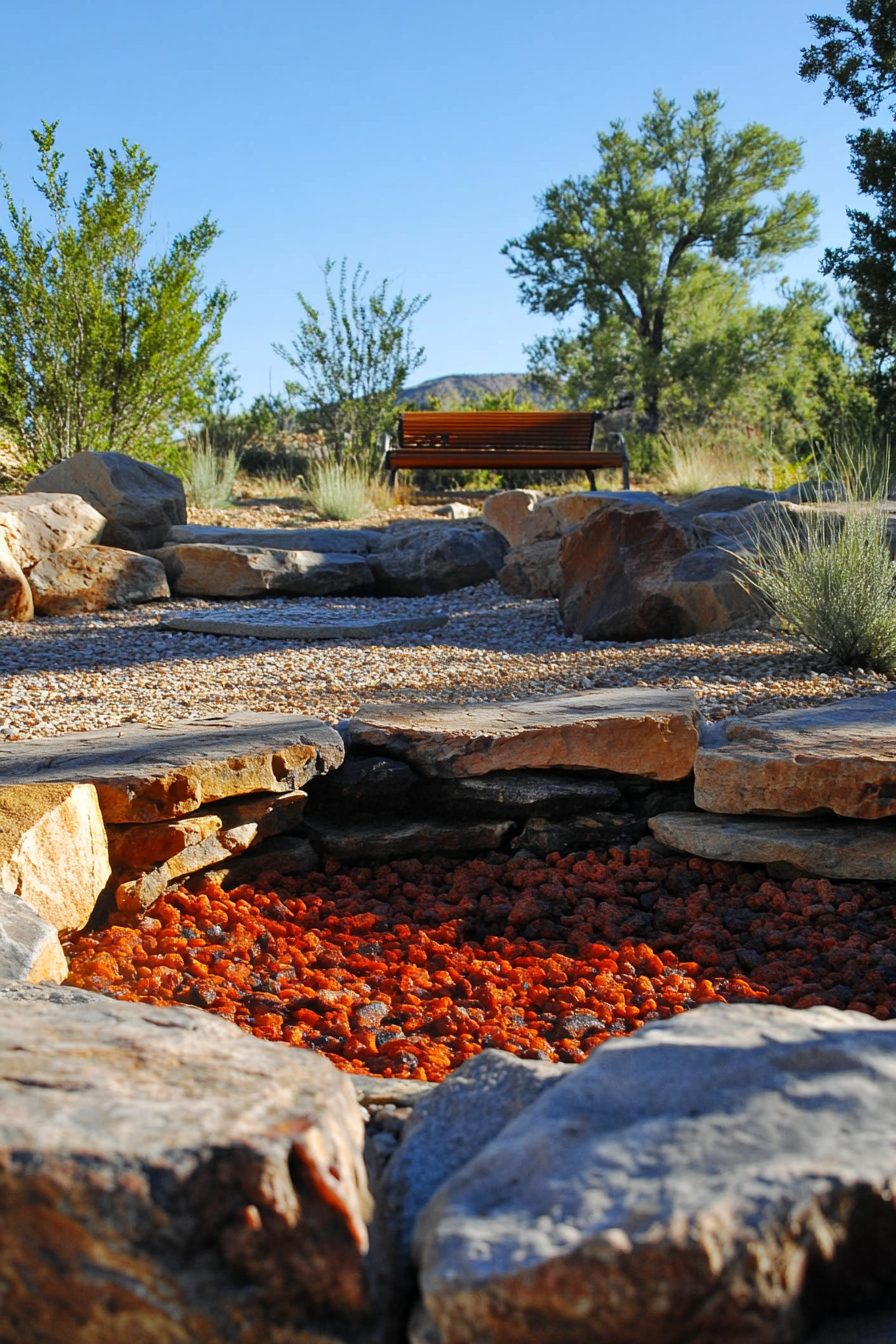 Red Rock Campsite design. Elevated fire zone with red ember bed stones.