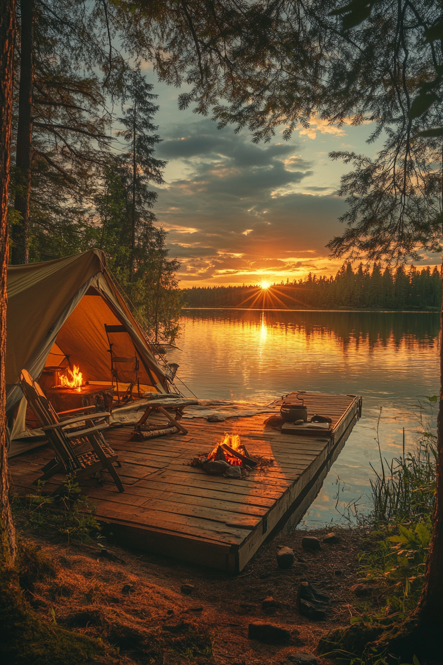 Tent site. Canopy chair facing sunset, private wooden dock, pit fire near water.