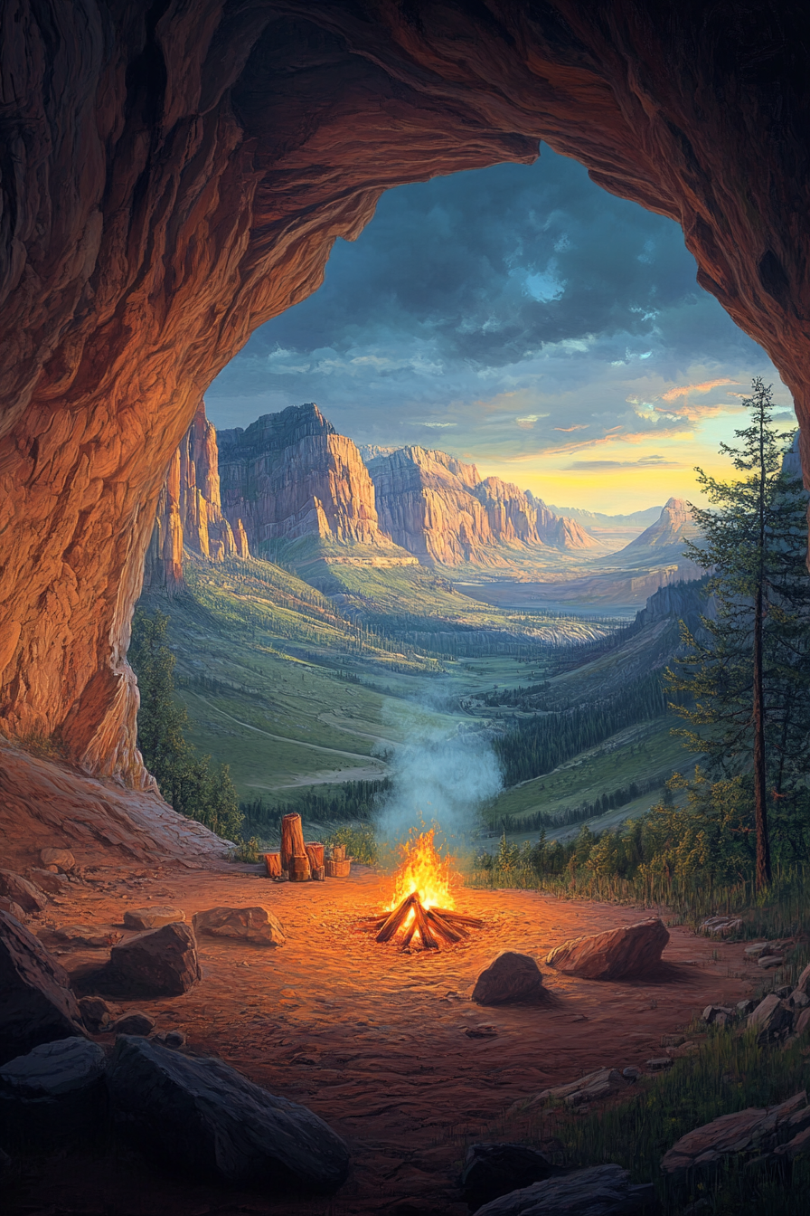 Campsite scene. limestone cave shelter near red rock with roadside campfire and panoramic valley vista.