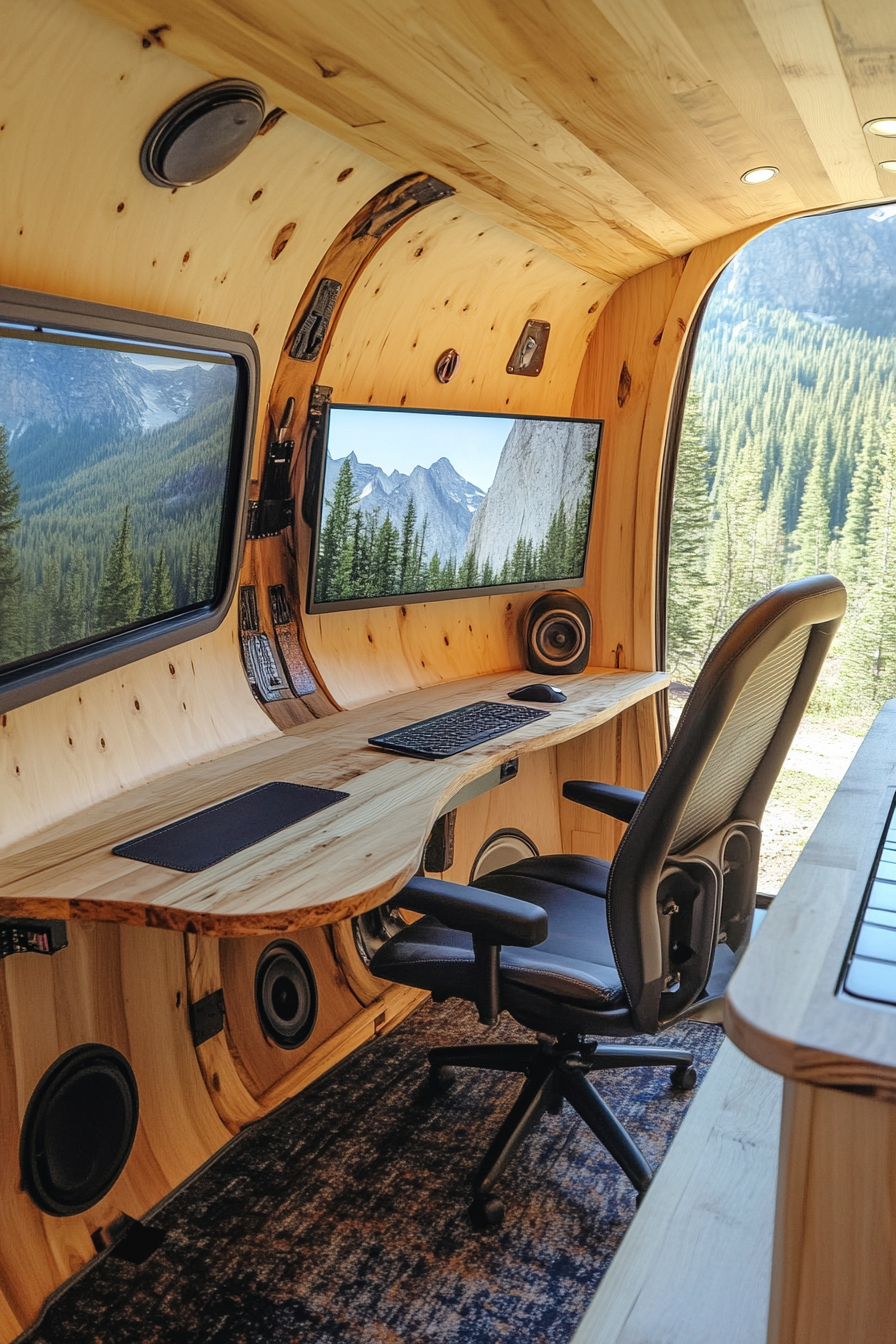Alpine mobile office. Cedar interior, dual curved monitors, solar panels, mountain vista.