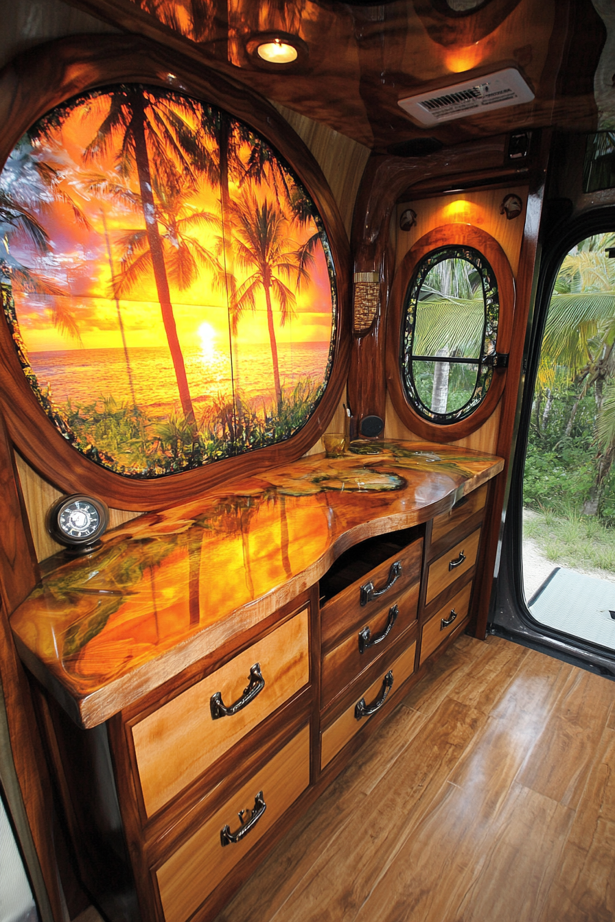 Oceanview van setup. Mahogany wood semicircular desk with salt-resistant drawers and manipulated tropical sunset screens.