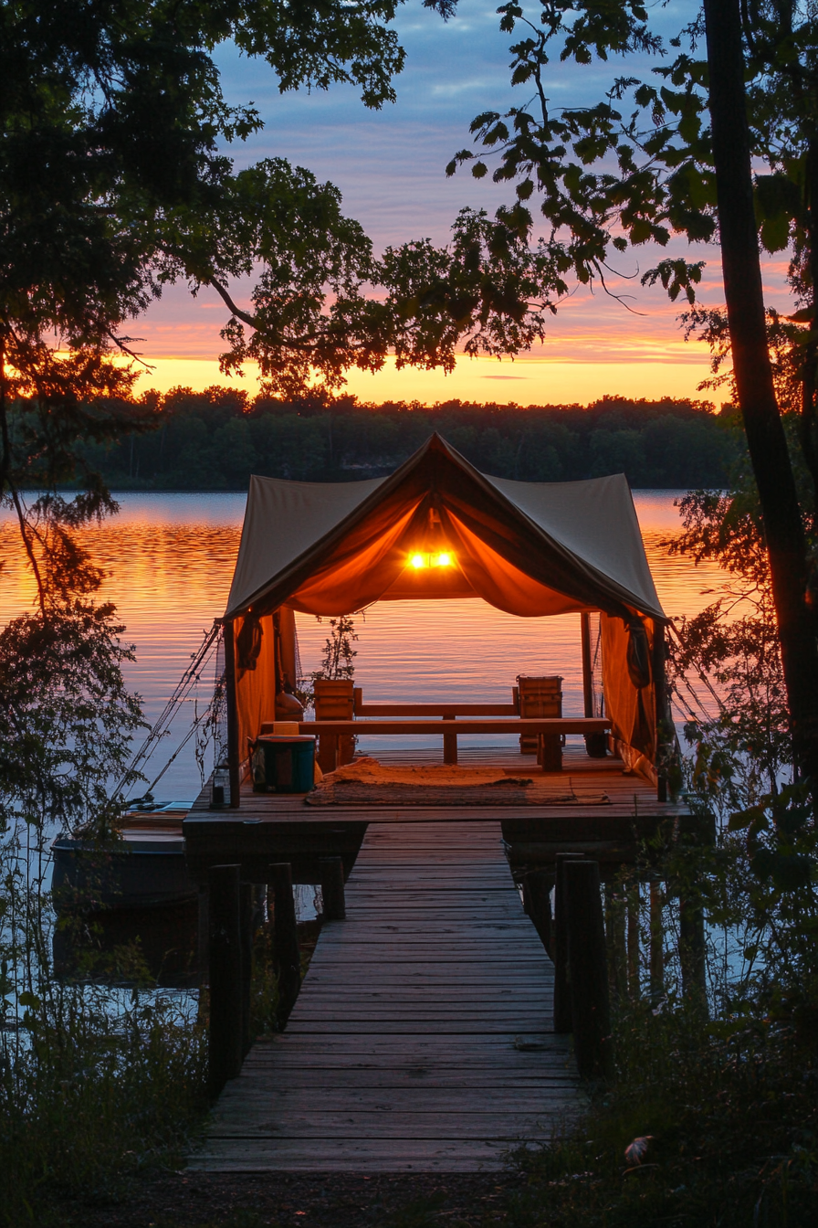 Tent site. Private dock with rustic bench, orange sunset over calm waters.