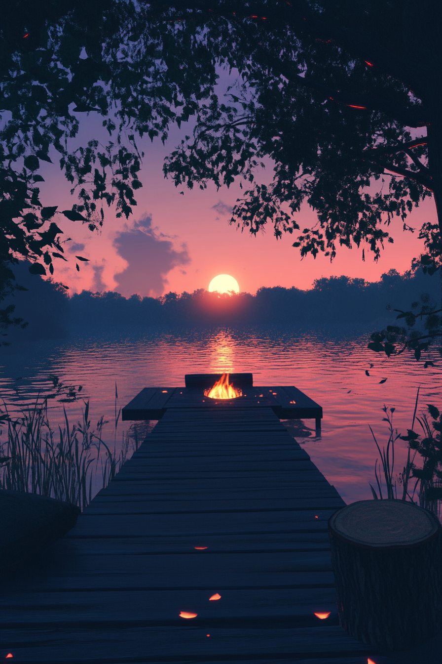 Tent site. Wooden dock embraced by water under gradient sunset, glowing ember firepit.