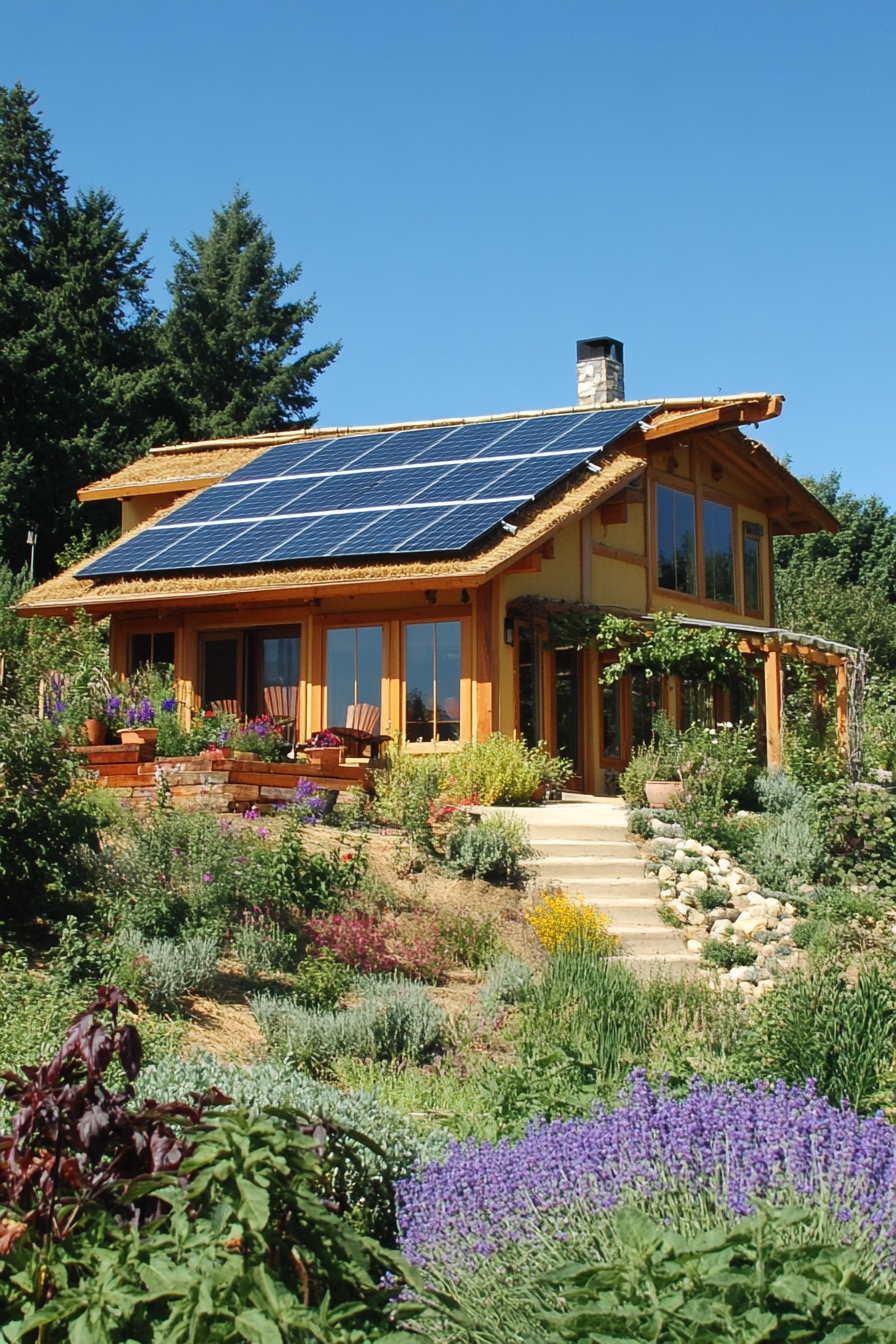 Sustainable living space. Solar panels on a straw bale home with roof garden.