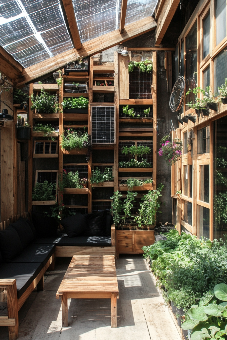 Sustainable living space. Wooden furniture, solar panels, compost bin, vertical vegetable garden.