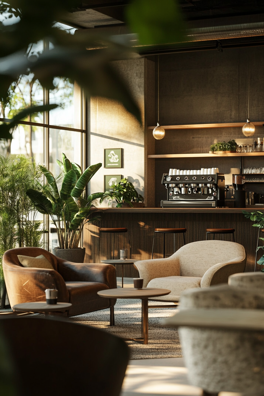 Community Living Space. Coworking zones with espresso machine and reclining seats.