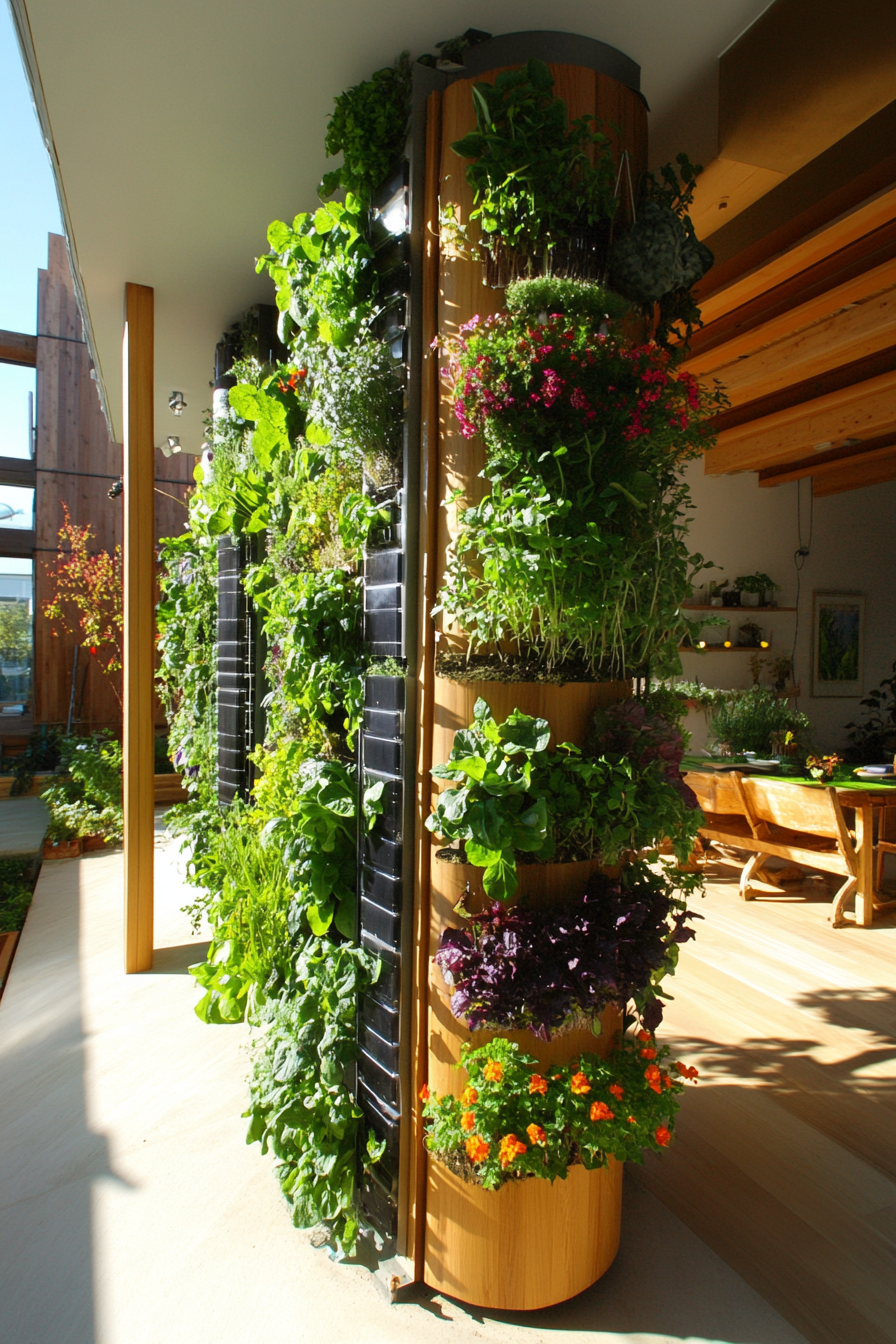 Sustainable living space. Wall-integrated solar panels, cylindrical compost bin, vertical herb garden with creepers.
