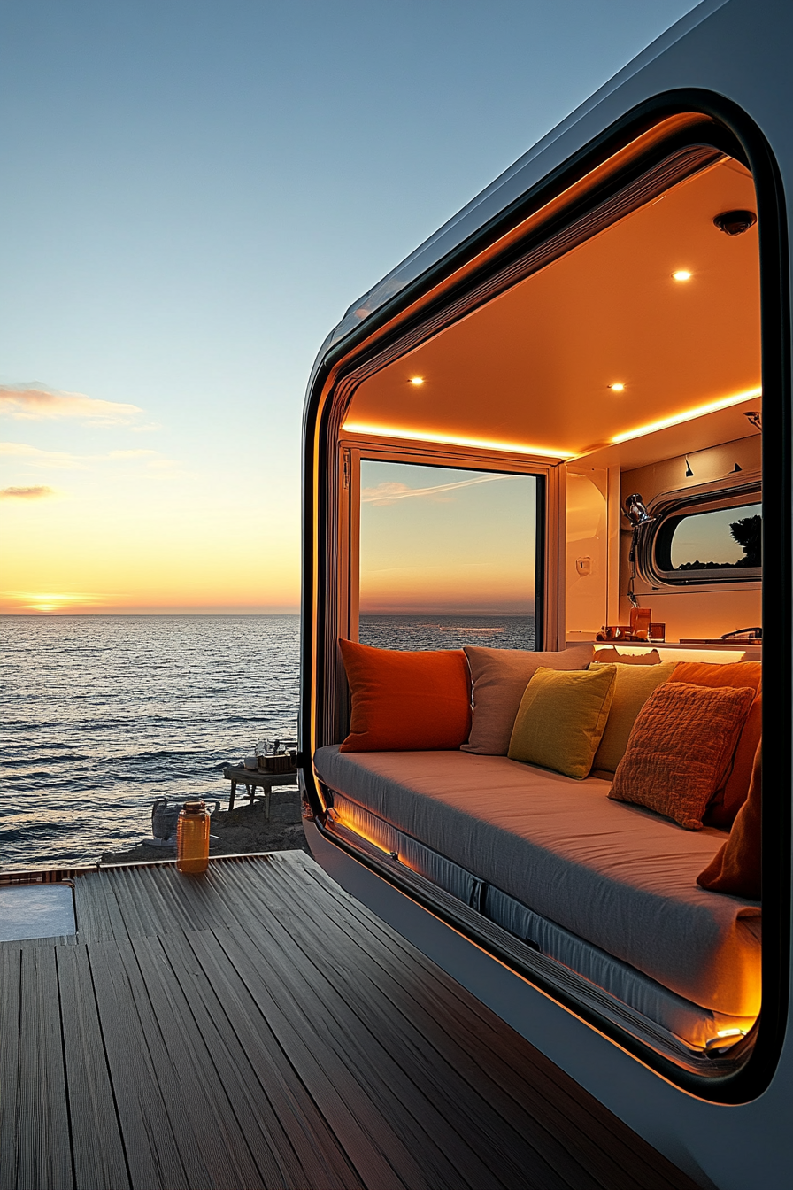 Mobile living space. Modular furniture, convertible sofa-bed, against panoramic sunset deck backdrop.